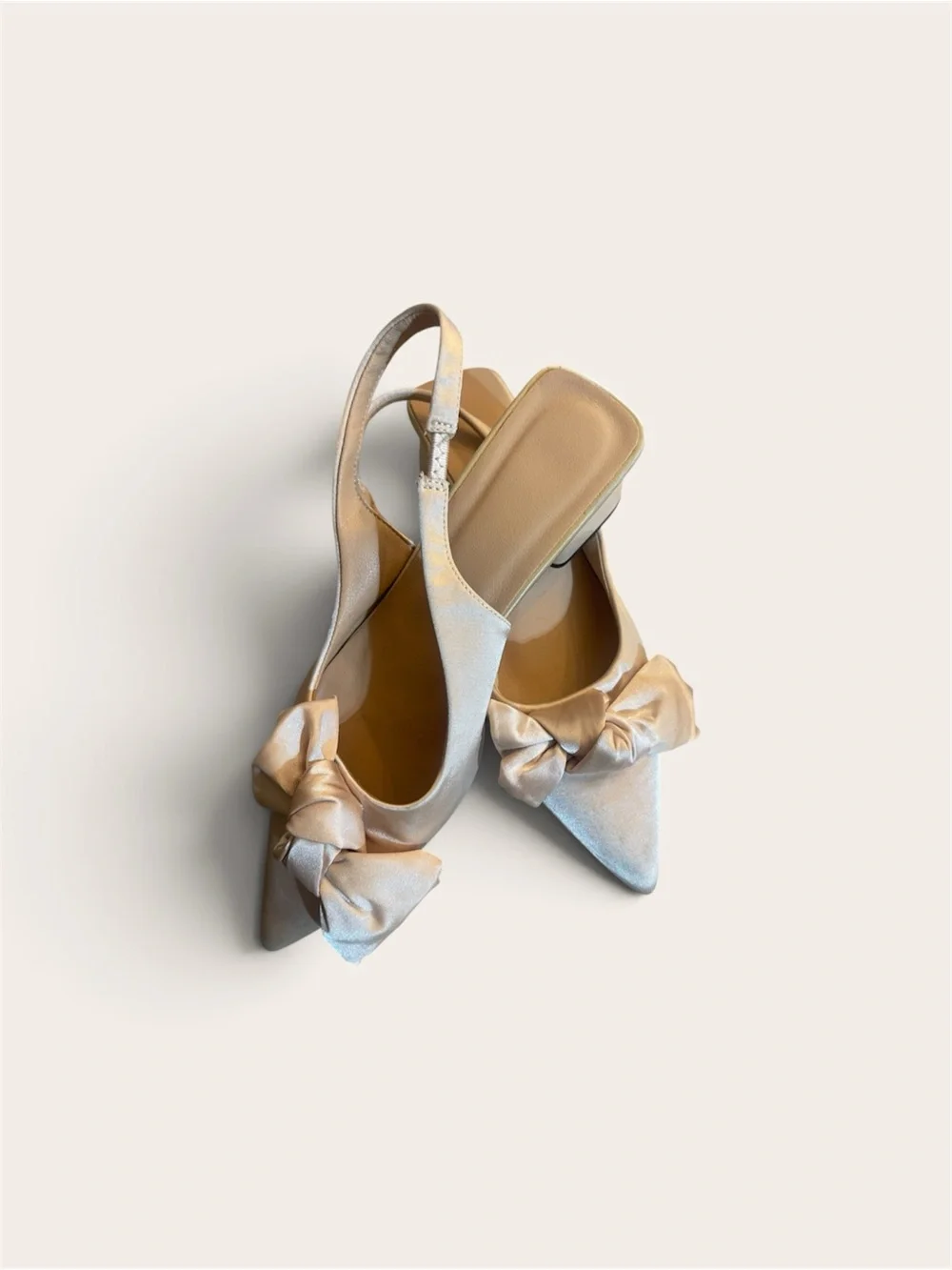 Elegant Women's Satin Slingback Heels with Bow - Cream